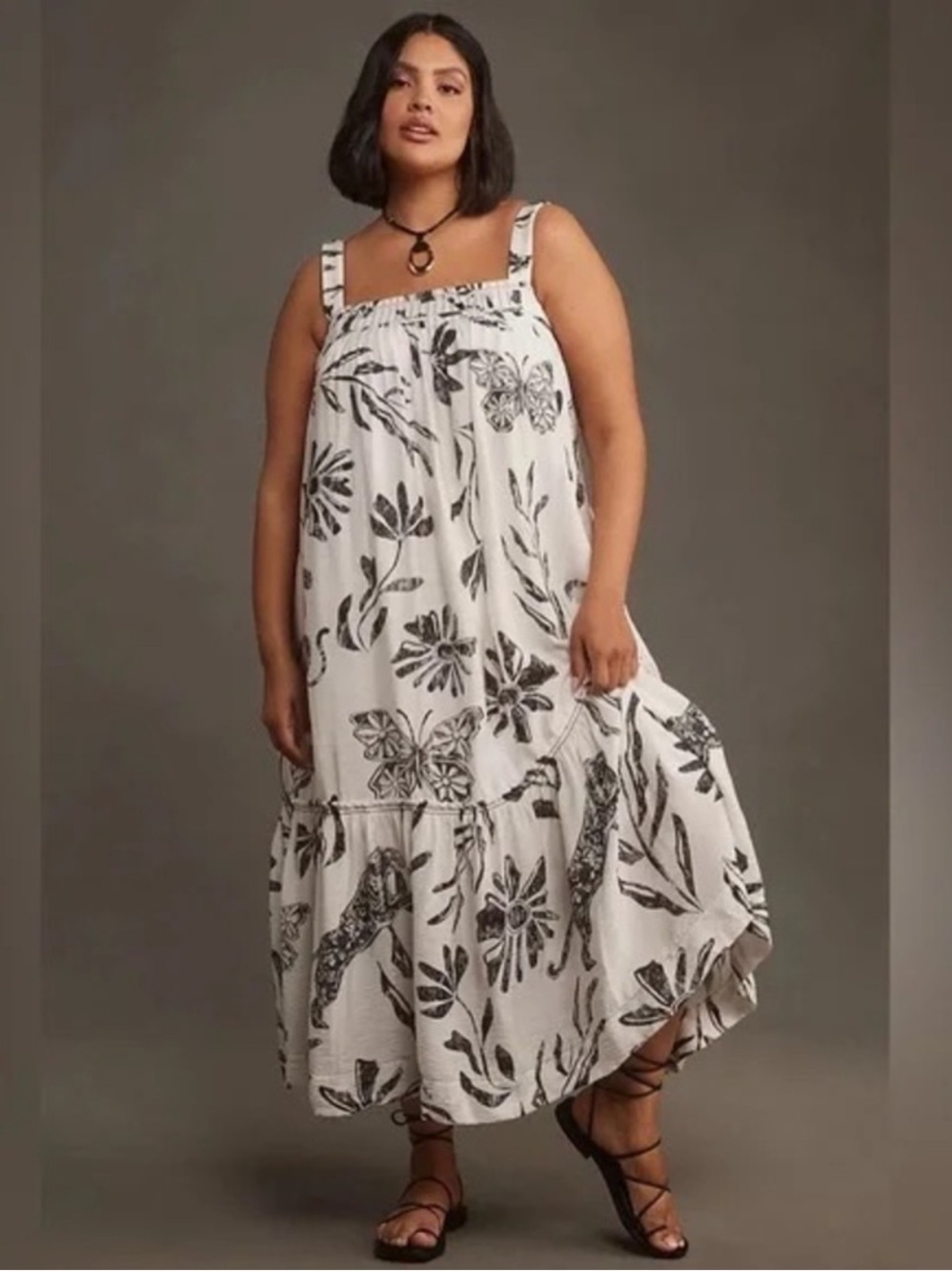 Anthropologie Hawaiian Floral Square Neck Maxi Dress White Black Pockets